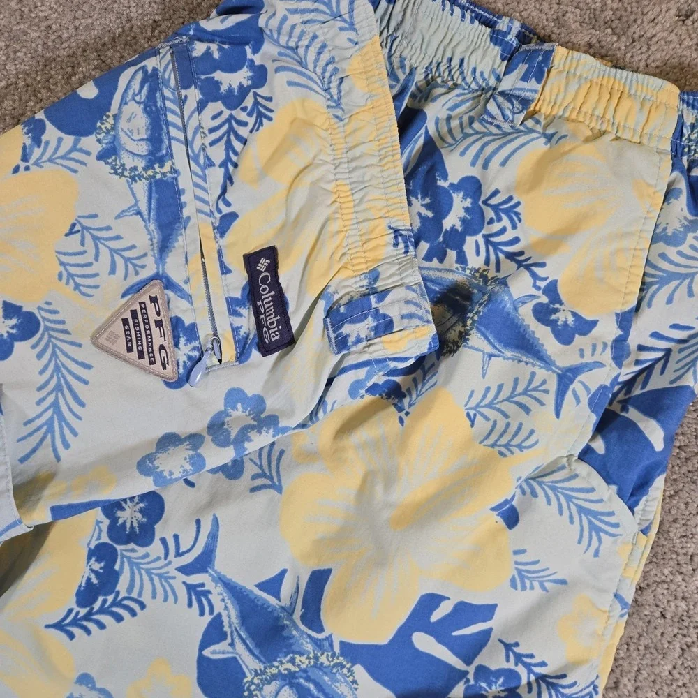 Columbia PFG Mens Lined‎ Trunks Large Blue Hawaiin Cargo Swim Trunks Omni-Shade
